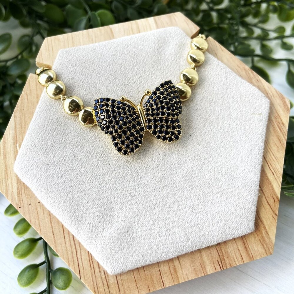 14k Gold Plated Butterfly With Black Cubic Zirconia Beaded Bracelet